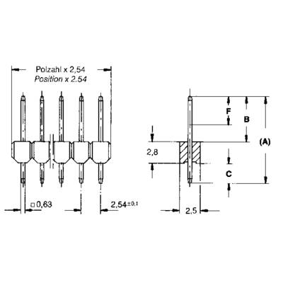 Technical drawing of an electronic connector with dimensions in millimetres. Shows pin spacing and overall height.