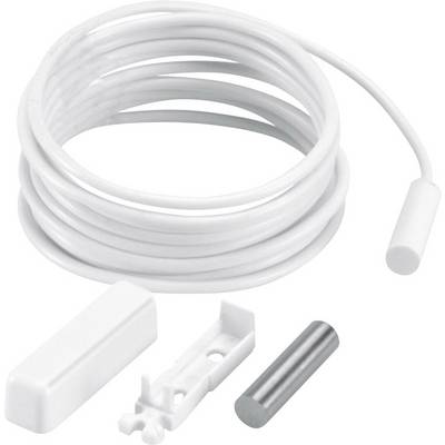 A white magnetic sensor with cable and accessories, including mounting bracket and metal cylinder, against a white background. Used for security applications.