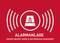 'Alarm System: This property is electronically secured.' Symbol of an alarm with sound waves on a red background.
