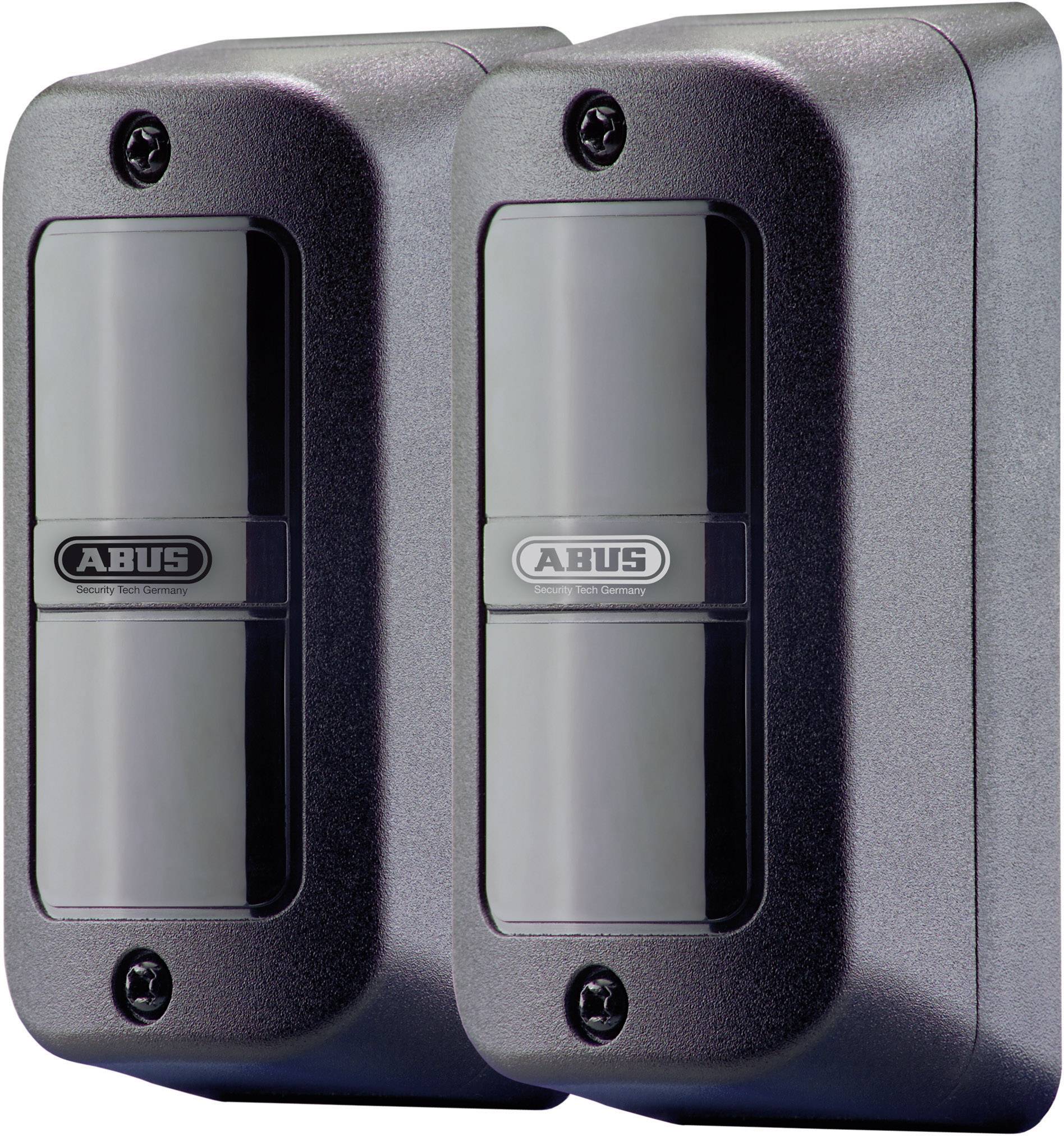 Two black motion sensors from ABUS, mounted side by side, for security systems in buildings.