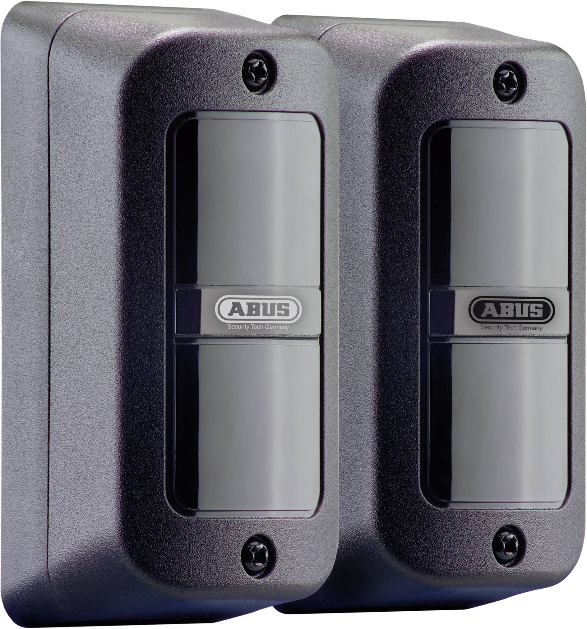 Two black security motion sensors with the 'ABUS' logo in the centre, mounted side by side. Security solution for buildings.
