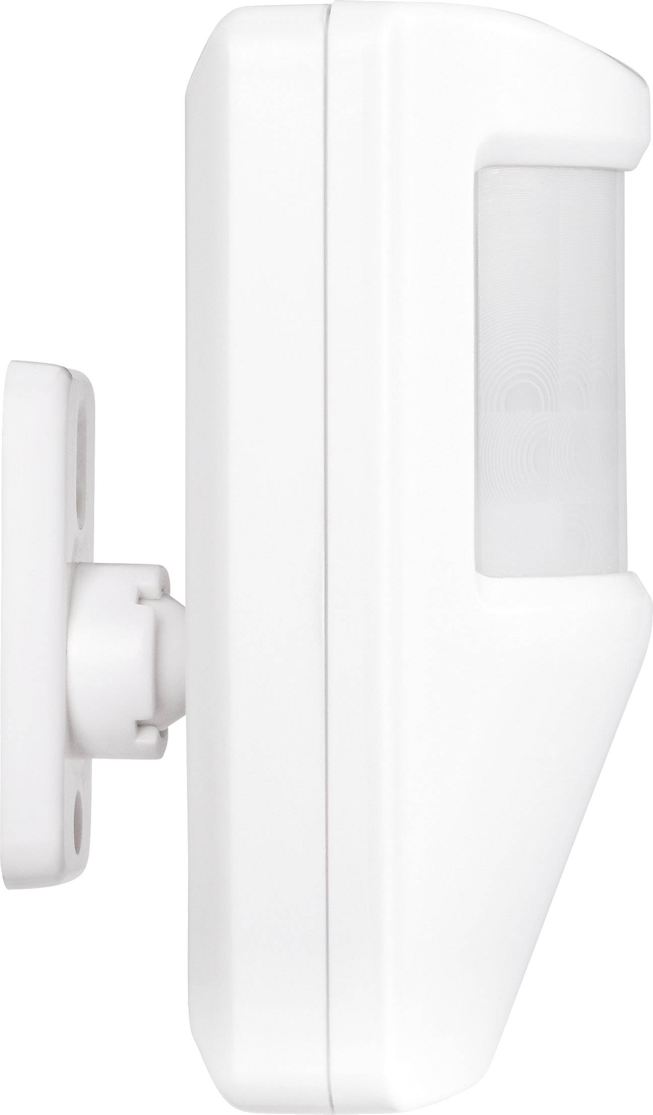 A white motion sensor, shown side-on, with a mounting bracket on the left side.