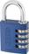 Blue number padlock with four number dials, each numbered from 0 to 9. 'ABUS' marking and model number '145/40'.