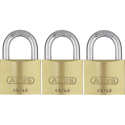 Three golden padlocks with the inscription 'ABUS 45/40' in a row. Each lock has a silver shackle.