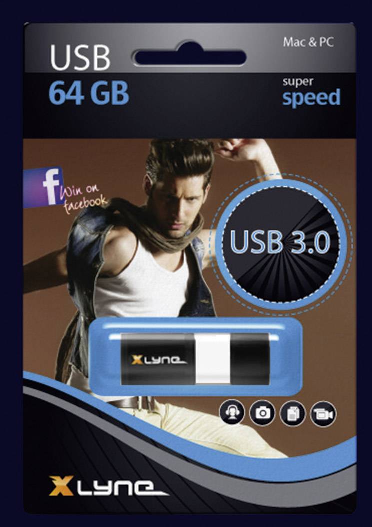 Packaging for an Xlyne USB stick with 64 GB. Compatible with Mac & PC, USB 3.0, 'super speed'. Contains Facebook advertising. Image of a man in the background.