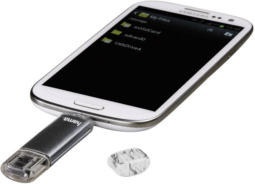 A smartphone with a USB OTG stick connected to the device shows the file manager with various storage locations.