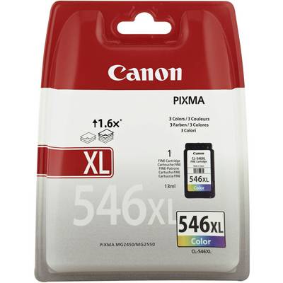 Canon PIXMA 546XL Colour Ink Cartridge, suitable for MG2450/MG2550 models. Promises 1.6x print performance, contains 3 colours.