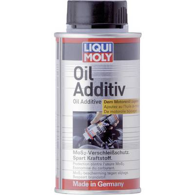 A bottle of Liqui Moly oil additive. Label reads: 'Add to engine oil. MoS2 wear protection. Saves fuel.' Manufactured in Germany.