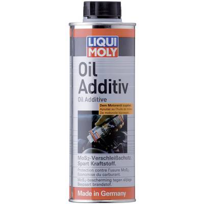 A tin of Liqui Moly oil additive. Key information: 'Add to engine oil. Saves fuel.' The 'Made in Germany' label is particularly striking.