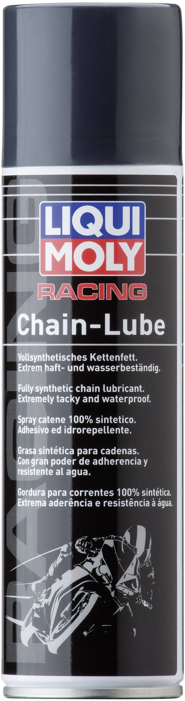 A Liqui Moly Racing chain lubricant spray, fully synthetic and water-resistant, specifically designed for motorcycle chains.
