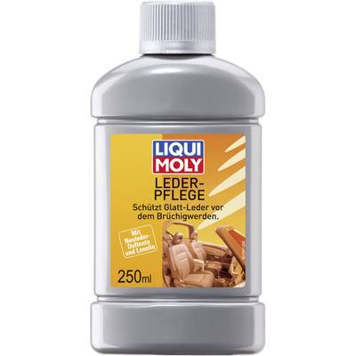 Bottle with label 'LIQUI MOLY LEATHER CARE'. Protects smooth leather from cracking. 250 ml contents. Image shows car interior with leather seats.