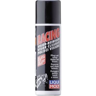 Liqui Moly spray bottle with visor cleaner. The text describes the cleaning and care of helmets and visors.