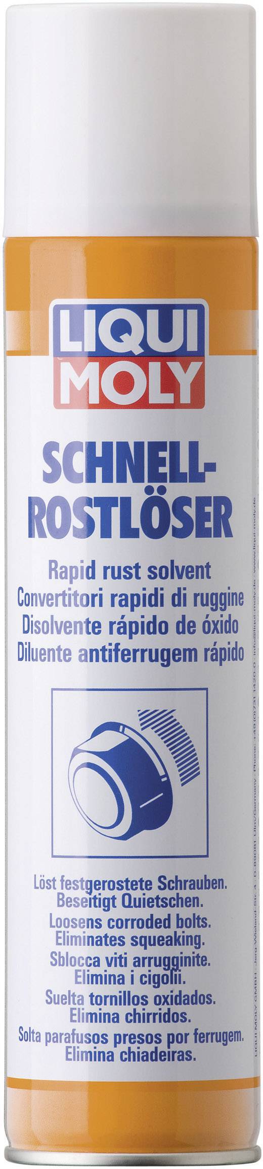 Spray can with the label 'LIQUI MOLY QUICK RUST REMOVER'. Suitable for loosening seized screws and rusty connections.