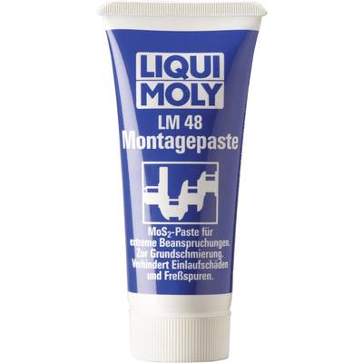 Tube with blue packaging and white text 'LIQUI MOLY LM 48 Assembly Paste'. Contains MoS2 paste for extreme loads.