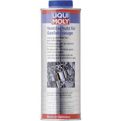 Tin with blue and red label 'LIQUI MOLY Valve Protection for Gas Vehicles'. Contains text in multiple languages and an engine image.