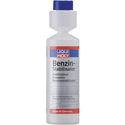 Bottle of Liqui Moly Petrol Stabiliser. Text: 'For temporary decommissioning of engines'. Made in Germany.