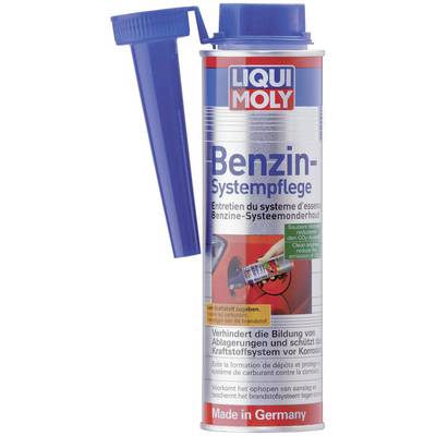 'LIQUI MOLY Petrol System Treatment' product in a can with a blue lid. Application area: Fuel system protection against corrosion. Made in Germany.