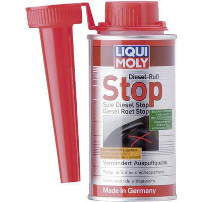 A red tin of Diesel Soot Stop with cap, brand name at the top. Reduces soot, lowers emissions. Manufactured in Germany.