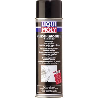 A Liqui Moly spray can with the label 'Stone Chip Protection - Paintable'. Colour: Black. Protects against stone chips.