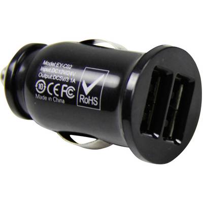 Black USB car charger with two ports, side label with model number 'EY-C02', CE and RoHS certified.