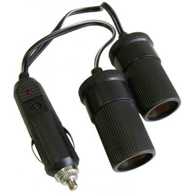'12-Volt Twin Socket for Automotive Applications. One plug with two sockets, ideal for connecting multiple devices simultaneously.'
