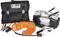 'Air compressor set with black carry bag, orange spiral hose, power cable with clips and accessories for inflating tyres.'