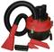 A red and black handheld vacuum cleaner with various attachments, suitable for cleaning car seat upholstery and floors.