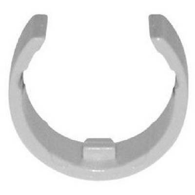 A grey plastic C-clip, used for securing and fastening pipes or cables.