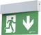 Emergency exit sign with a pictogram of a running figure and a downward-pointing arrow on a green background.