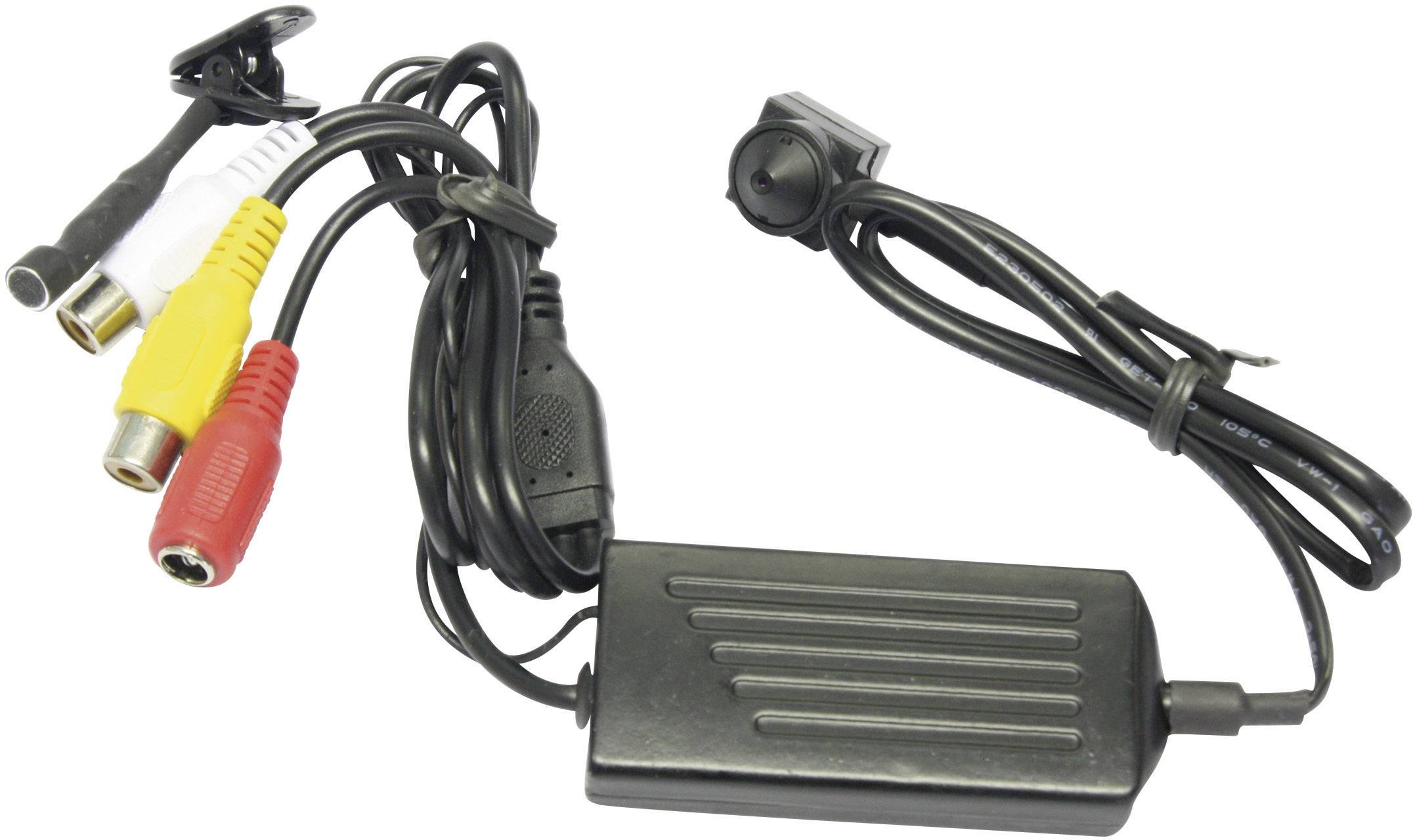 A small surveillance camera with a bundle of cables in various colours, suitable for video and audio connectivity.