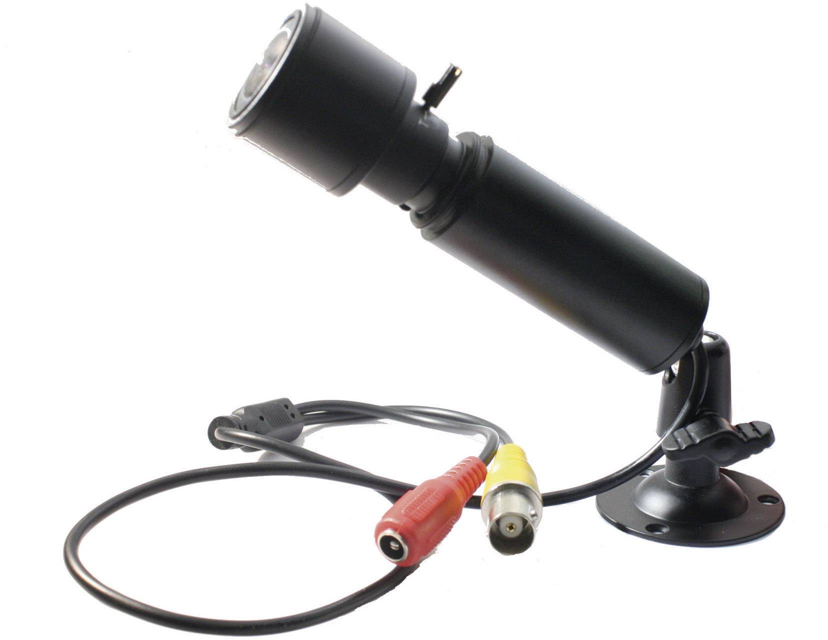 'Security camera with cable connections, mounted on a stand.'