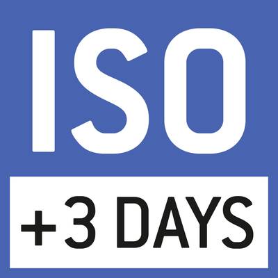 Blue symbol with white text: 'ISO +3 DAYS'. Indicates that ISO standards will be applied or come into effect in three days.