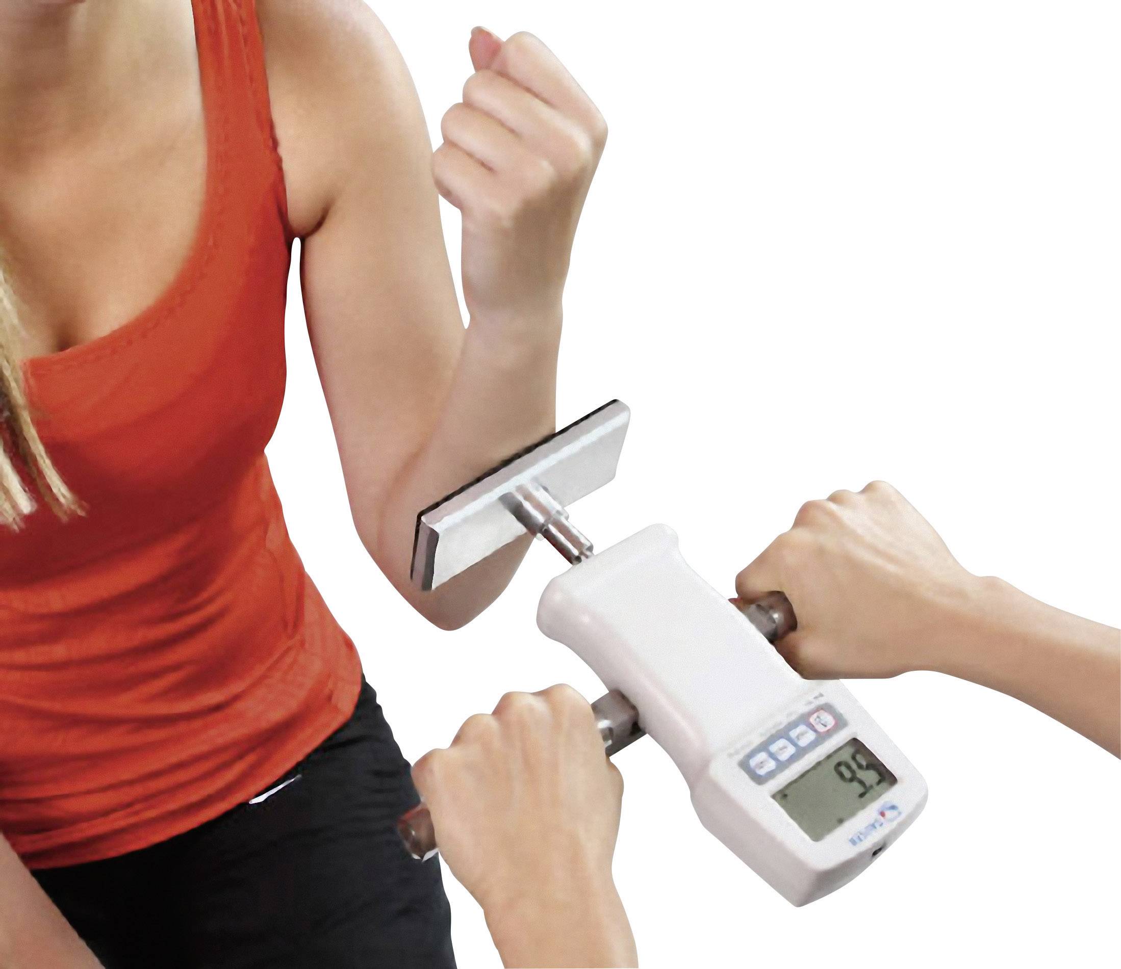 A person in a red top is performing a strength test with a dynamometric device held by a second person.