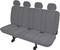 Grey, padded three-seater car bench with integrated headrests and safety belts, mounted on black brackets.