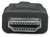 HDMI plug in close-up, showing connections for digital audio and video signals, used in computers and televisions.