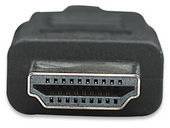 Close-up of an HDMI plug showing a row of metal pins for transmitting audio and video signals.