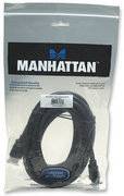 A pack containing a black Manhattan power cable, standing upright in a clear plastic packaging, with a blue logo.