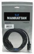 A packaging containing an HDMI cable by the brand 'Manhattan', visible through a transparent plastic sleeve.