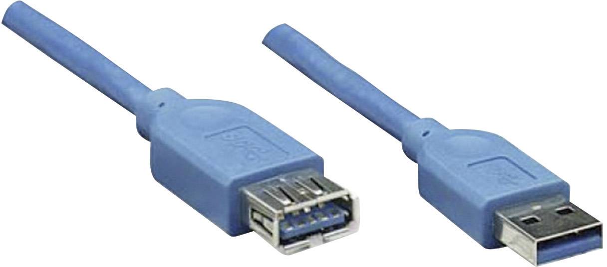 Two blue USB 3.0 cable plugs, one with a male connector, one with a female connector, which can establish a data connection.