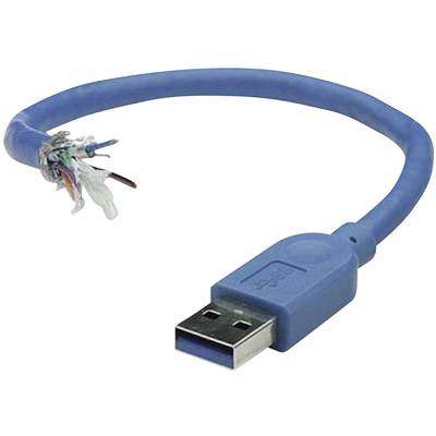 A blue, damaged USB cable with exposed wiring at one end, where the insulation has been stripped back.