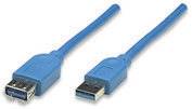 Manhattan USB cable USB 3.2 1st Gen USB-A plug, USB-A socket 3.00 m Blue gold plated connectors, UL-approved 322447-CG-7