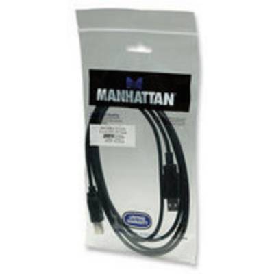 A black USB cable by the brand 'Manhattan' in a transparent plastic packaging.