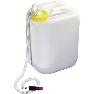 White canister with a yellow lid and integrated spiral hose pump, used for the safe extraction of liquids.