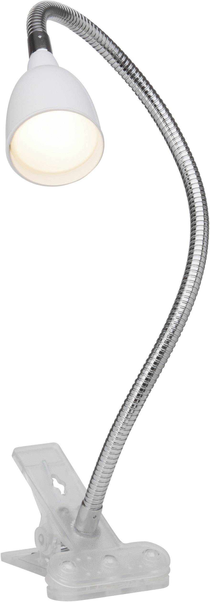 A flexible, silver clip-on LED swan neck with a white lamp at the end. Ideal for directed lighting when reading or working.