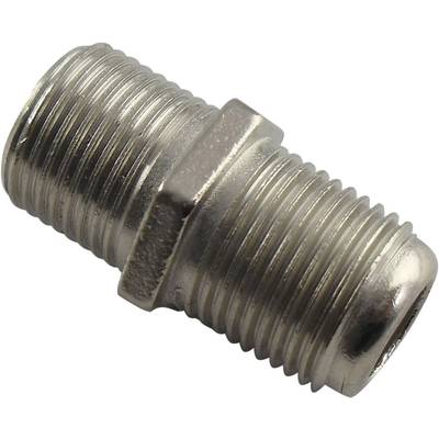 A silver, metallic coaxial adapter with threading at both ends.