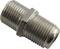A silver, metallic coaxial adapter with threading at both ends.
