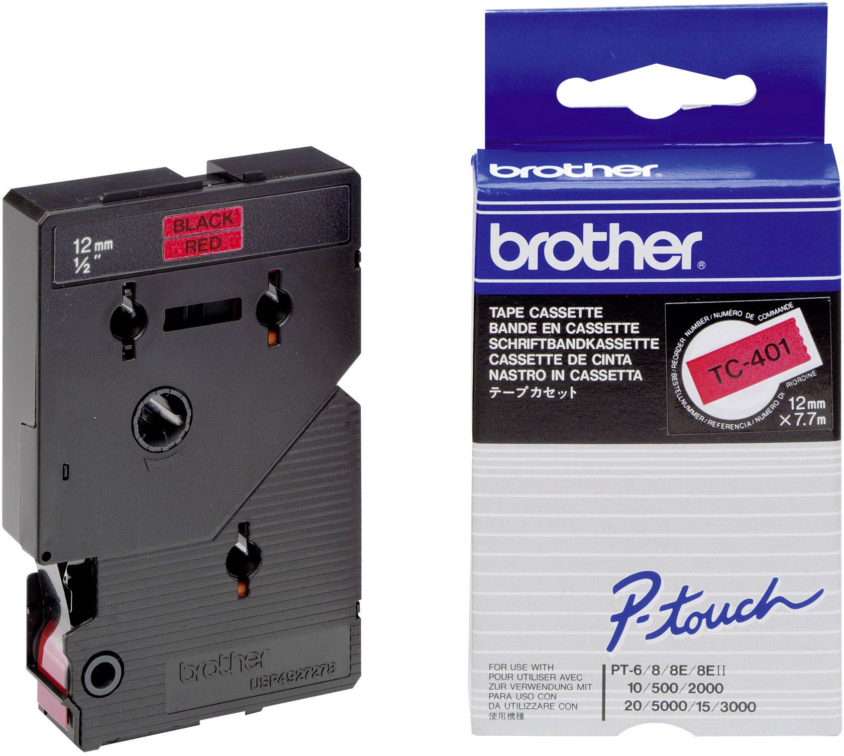 Brother label tape cassette, 12 mm wide, black on red, model TC-401, packaging and cassette shown.