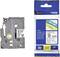 'Brother P-touch' 9mm Label Tape Cassette in White-Black for Labelling Device, packaged and unpackaged shown side by side.