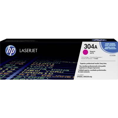 'HP LaserJet 304A Magenta' printer cartridge. The packaging contains text in various languages and displays city names on a screen.