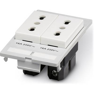 Two white socket modules lying side by side, marked with '16A 250V~', mounted on a grey base.